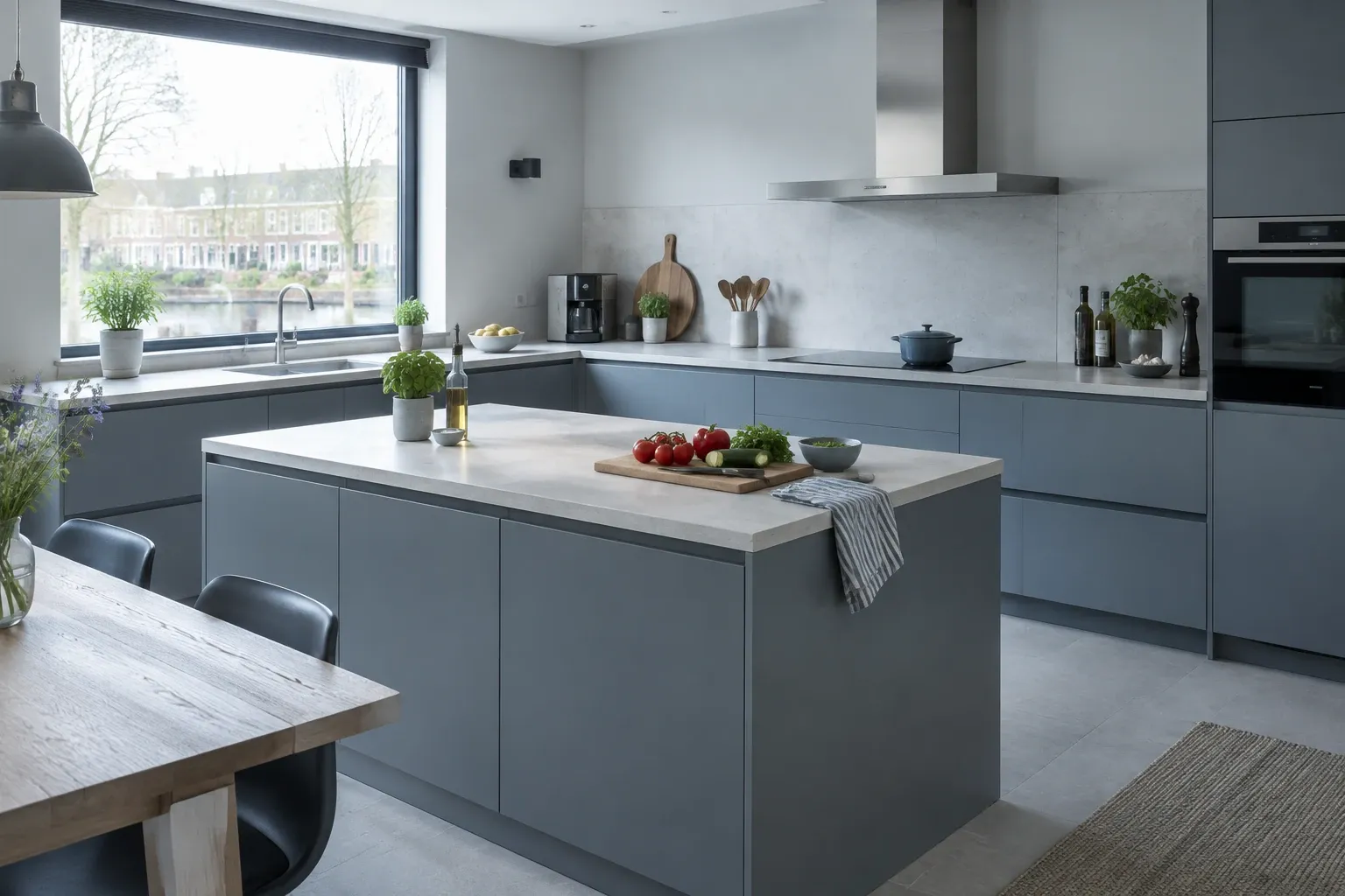 Moderne grijze keuken met kookeiland, houten werkblad, snijplank en groenten