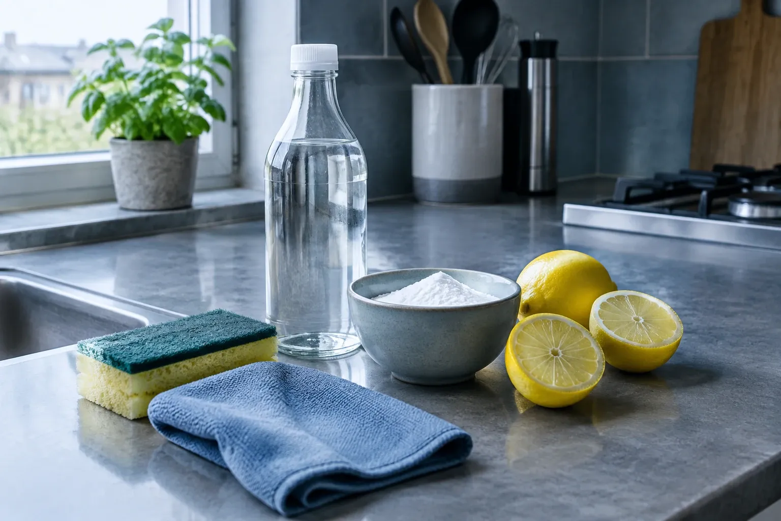 Keukentafel met spons, microvezeldoek, fles water, baking soda en citroenen