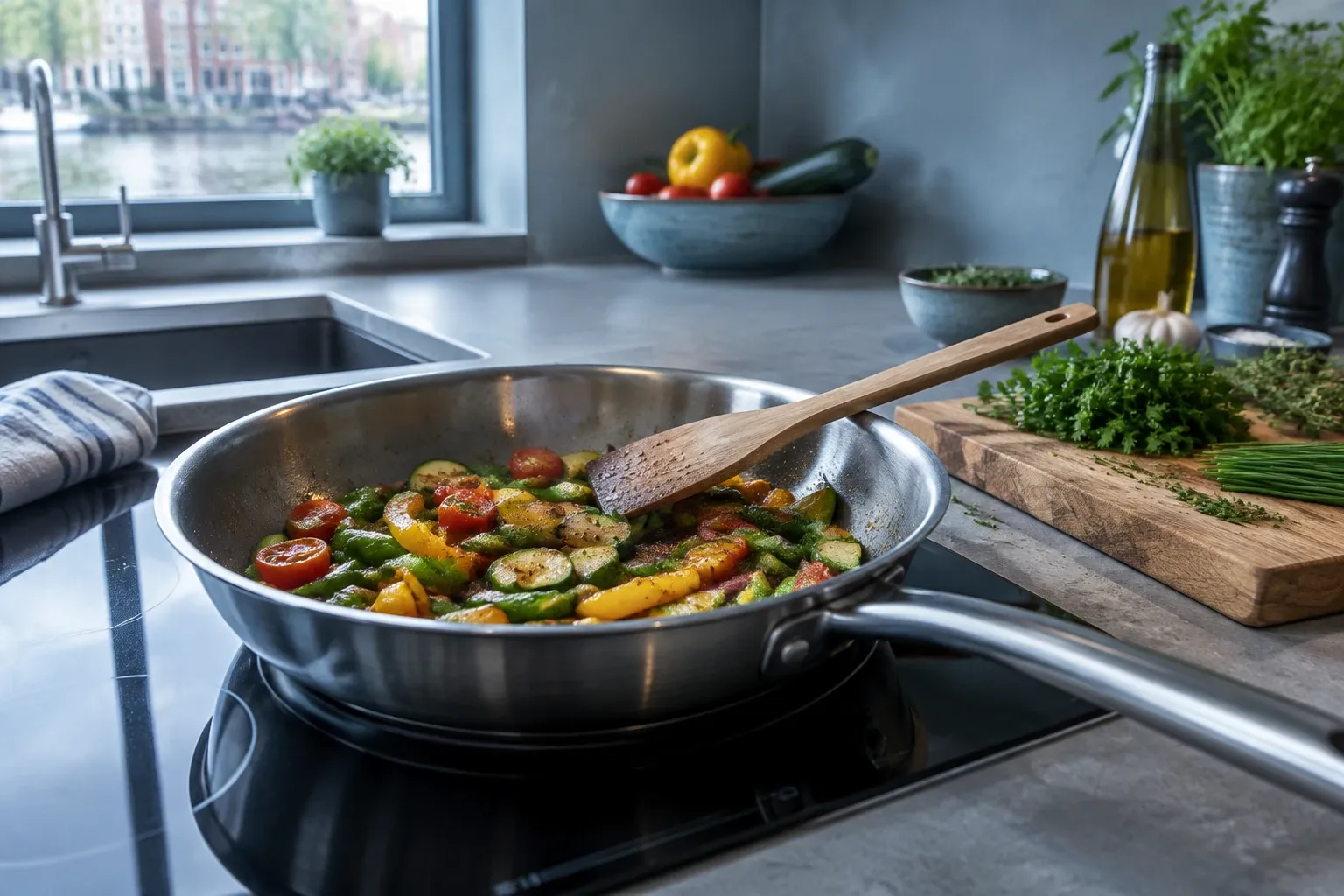 Roerbakpan met gebakken courgette, cherrytomaatjes en paprika op elektrische kookplaat